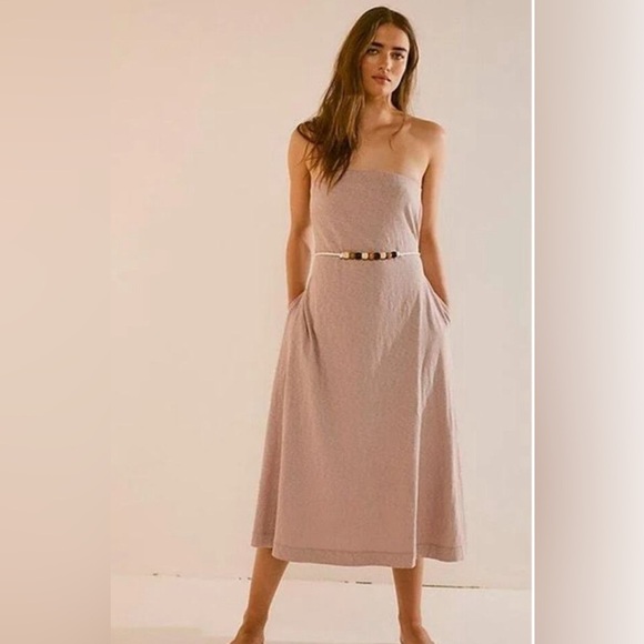 Free People Beach Peyton Dress Strapless Tube Style Pull On Belted Tan‎ Size XS - Picture 1 of 14
